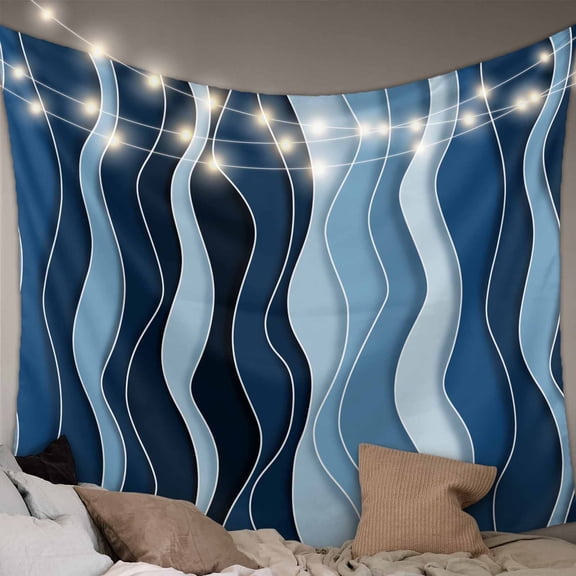 Abstract Blue Moire Large Tapestry for Bedroom Wall Hanging Tapestry,Gradient Coastal Ocean Geometric Waves Ceiling Backdrop Tapestries Poster Blanket Wall Decor for Teens Room Living Room 86" x 104"