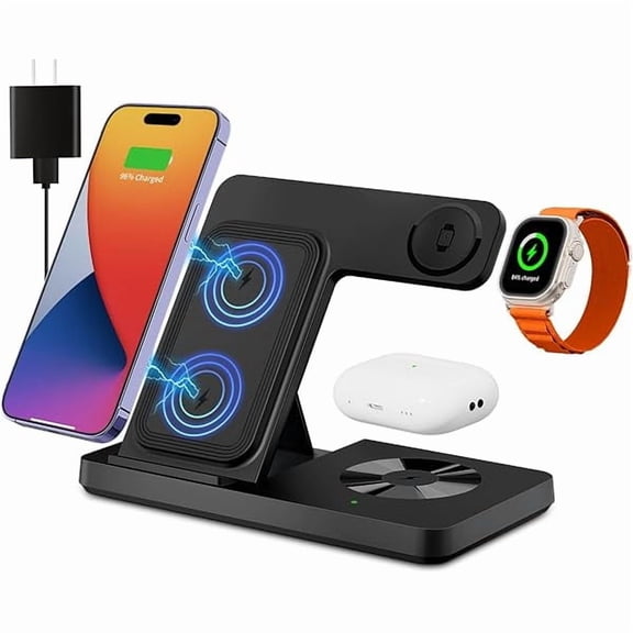 FU1999Wireless Charger, 3 in 1 Charging Station for Multiple Devices, Wireless Charging Stand for iPhone 8-16 Series,iWatch 2-10 Series/Ultra/SE,AirPods/3/2/Pro(Black)