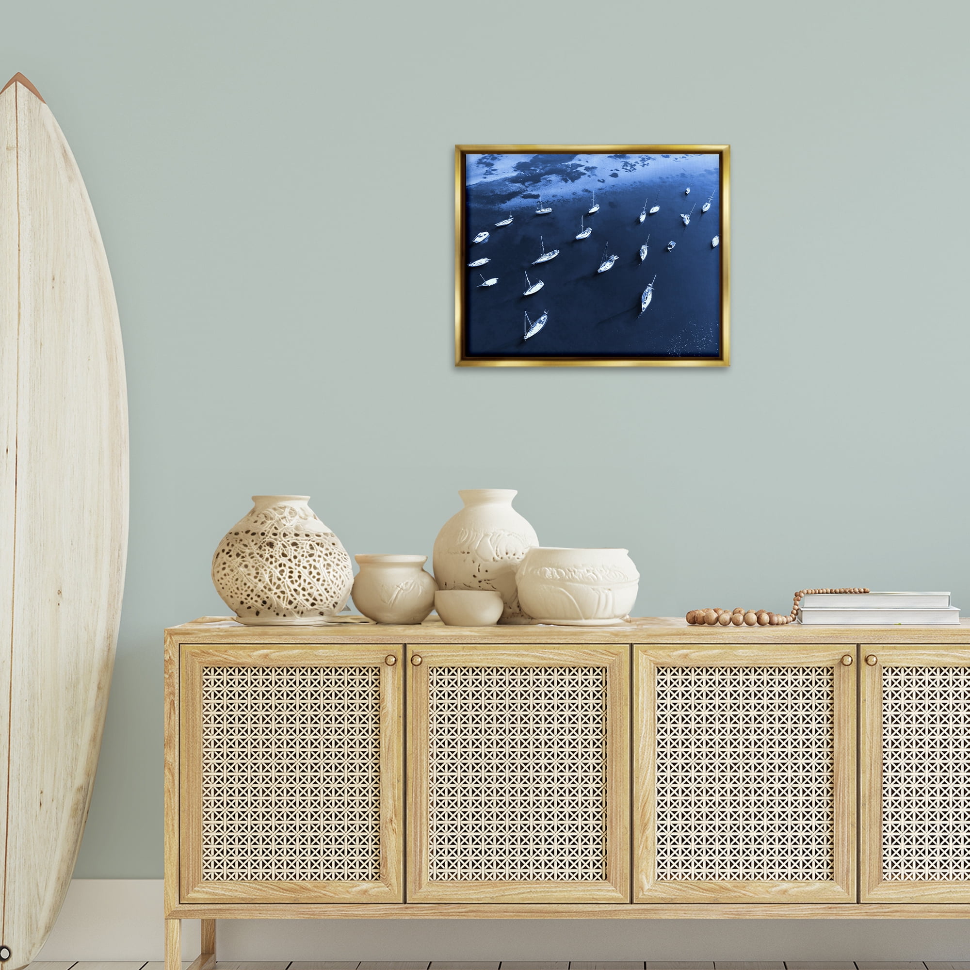 Stupell Industries Scattered Boats on Sea Transportation Photography Gold Floater Framed Canvas Art Print Wall Art, 21 x 17