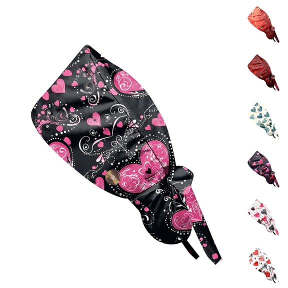 Valentine's Day Scrub Cap, Heart Print Adjustable Bouffant Hat, Tie Back Working Head Cover for Long Hair Dark Purple