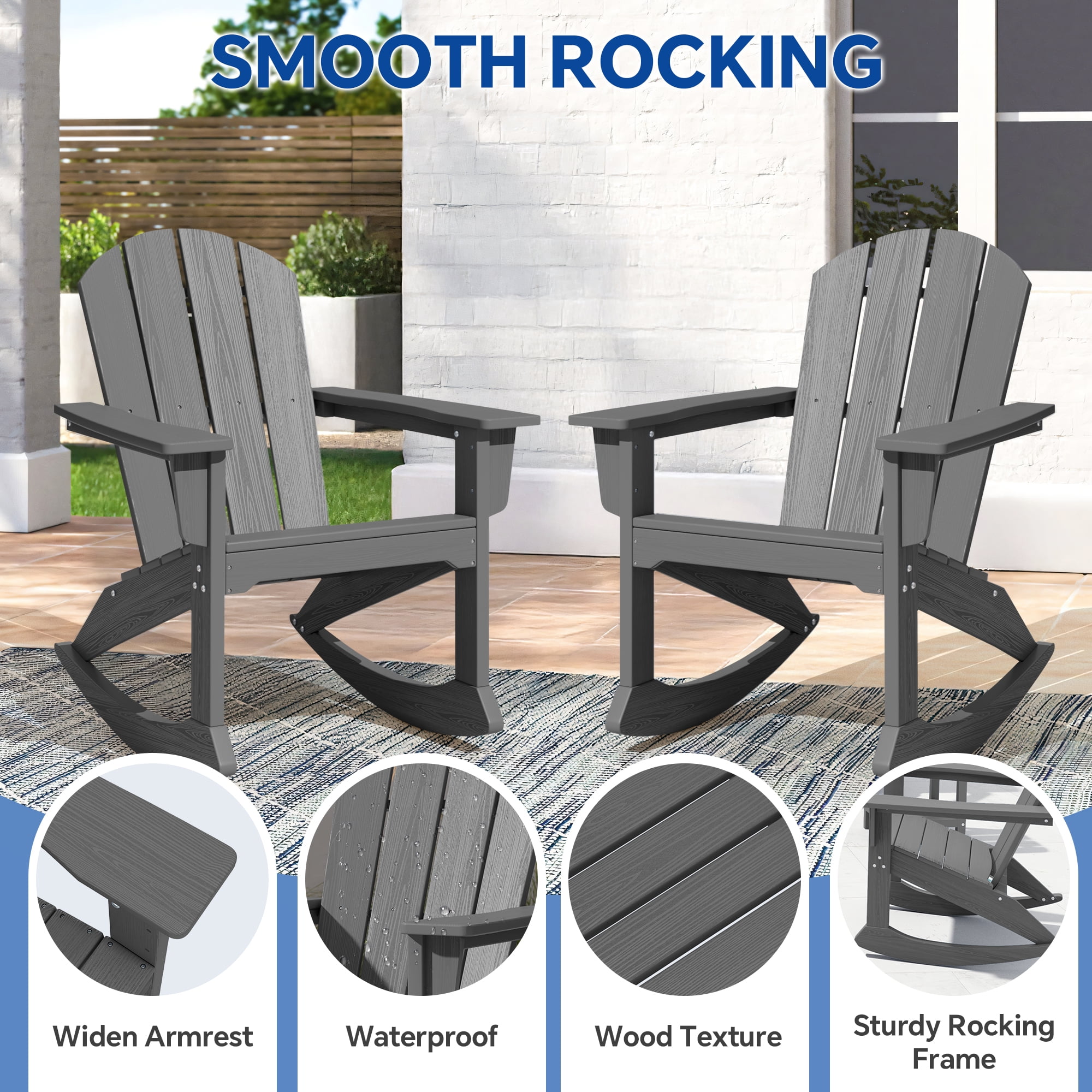 SERWALL Rocking Adirondack Chair, HDPE Outdoor Rocking Chair, All Weather Porch Rocking Chair for Patio, Gray