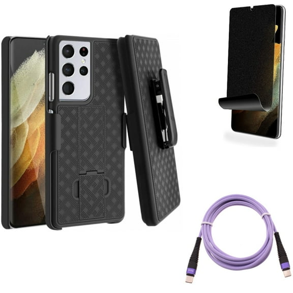 Privacy Screen Protector & Case Belt Clip & Purple 6ft PD Cable for Samsung Galaxy S21 Ultra Phone - TPU Film Fingerprint Works & Holster Swivel & Type-C to USB-C Long Charger Cord Accessory Bundle