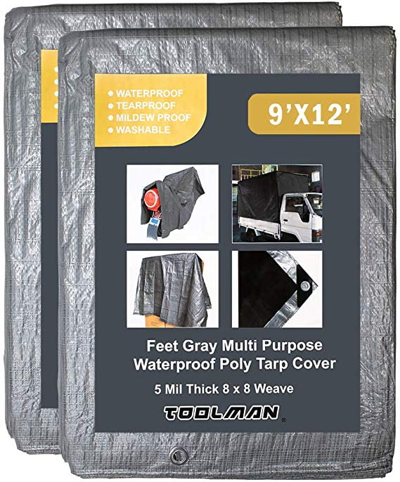 Toolman 9 x 12 Feet Gray Multi Purpose Waterproof Poly Tarp Cover 5 Mil Thick 