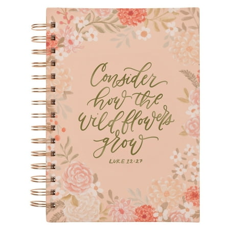 Christian Art Gifts Inspirational Journal, Consider How the Wildflowers Grow Wide Ruled Notebook, Luke 12:27 Bible Verse, Pastel Orange Florals, 192 Lined Pages w/scripture, (8.4” x 6.4” x 1”)