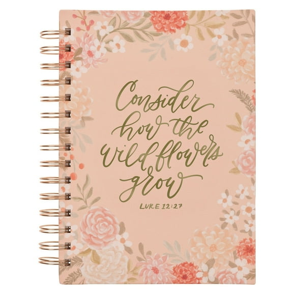 Christian Art Gifts Inspirational Journal, Consider How the Wildflowers Grow Wide Ruled Notebook, Luke 12:27 Bible Verse, Pastel Orange Florals, 192 Lined Pages w/scripture, (8.4” x 6.4” x 1”)