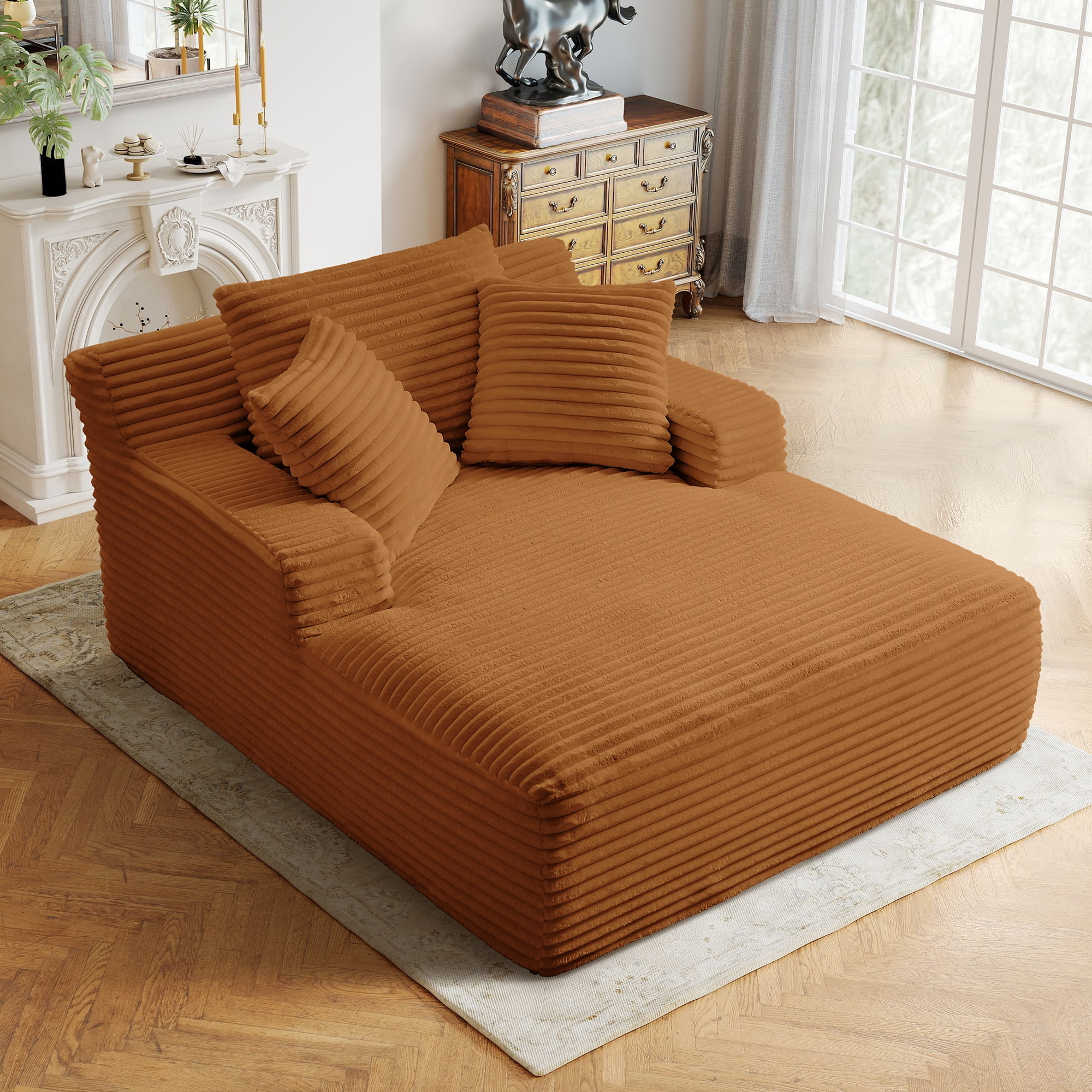 Aukfa Corduroy Chaise Lounge Chair, Oversized Indoor Lounger Floor Sofa Bed for Living Room, Bedroom, Small Space,Orange