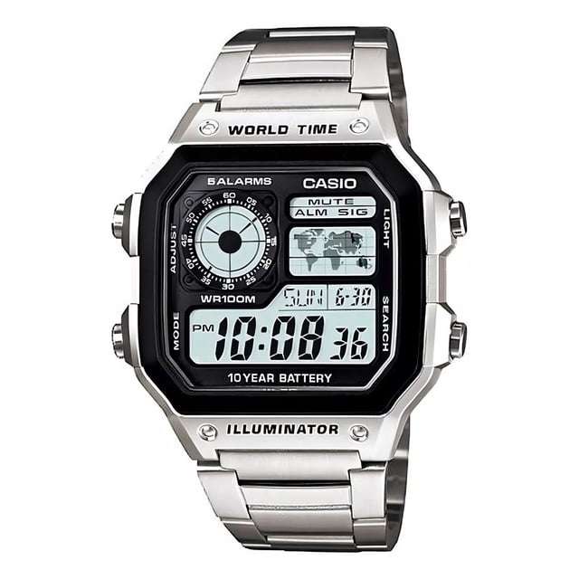 Reloj Casio Digital Ae-1200whd-1av E-watch Color De La Correa Plateado Color Del Bisel Negro