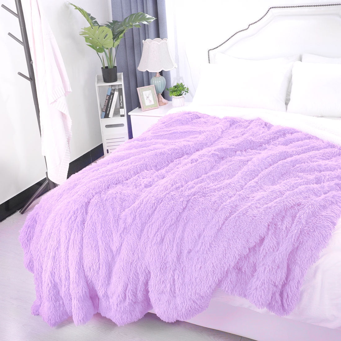 Unique Bargains Reversible Shaggy Faux Fur Blanket for Couch Pale