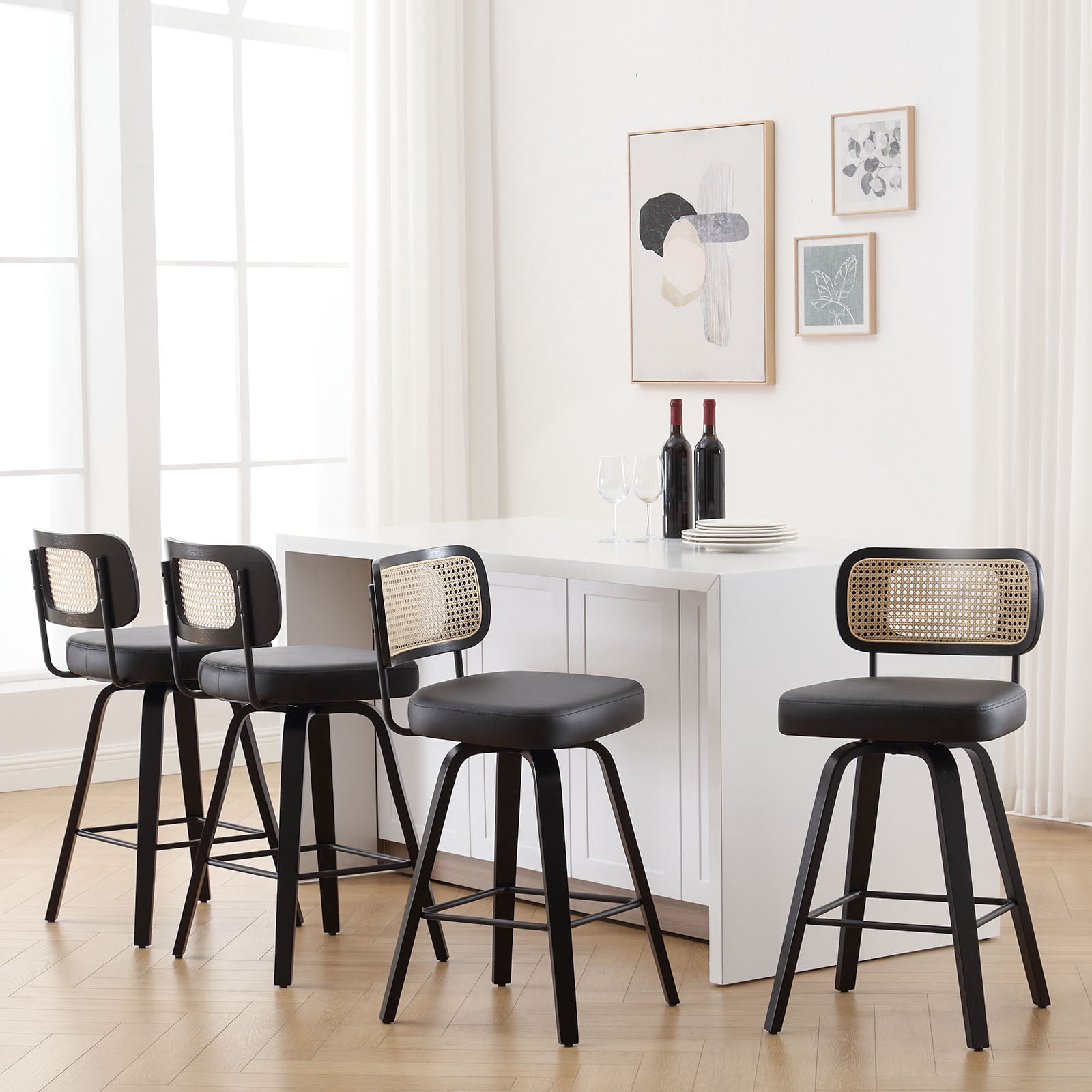Swivel Counter Height Bar Stools, Set of 2, 26" Seat Height Upholstered PU Leather Barstools with Rattan Back Wood Legs for Home Kitchen Island, Black