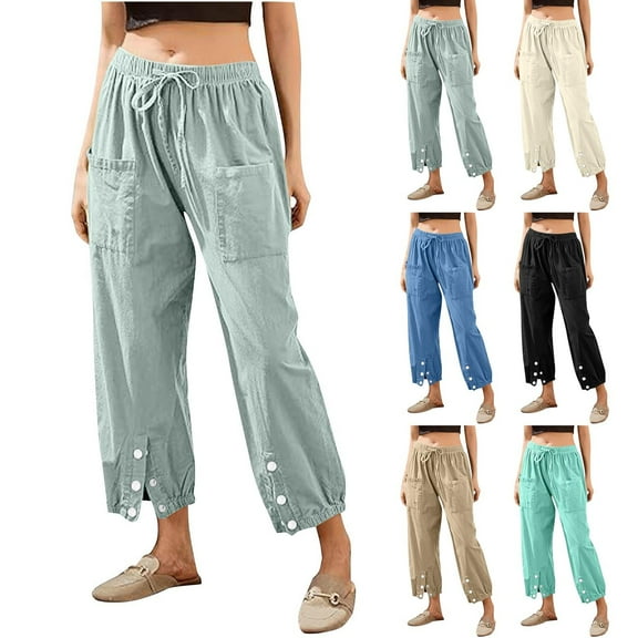 Htigea Clearance Women's Capri Pants High Waist Drawstring Bottom with Button Loose Casual Trouser with Pockets Today Sales Mint Green S
