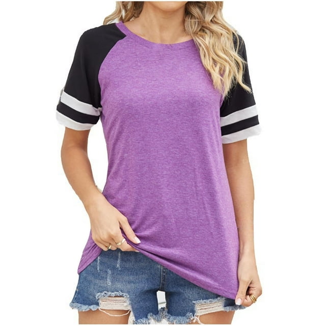 JUNWELL Hauts Tendance pour Femmes Loisirs Col Rond Rayé Manches Courtes Tuniques Chemises Décontractées Patchwork Noir et Blanc Blouses d'Été pour Dames Blanc P