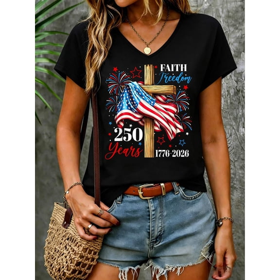 250 Years Faith Freedom Christian USA Flag Cross 1776 2026 V Neck T-Shirt Cotton V Neck Tee, Patriotic Shirt, USA Flag Graphic, Fourth of July Outfit