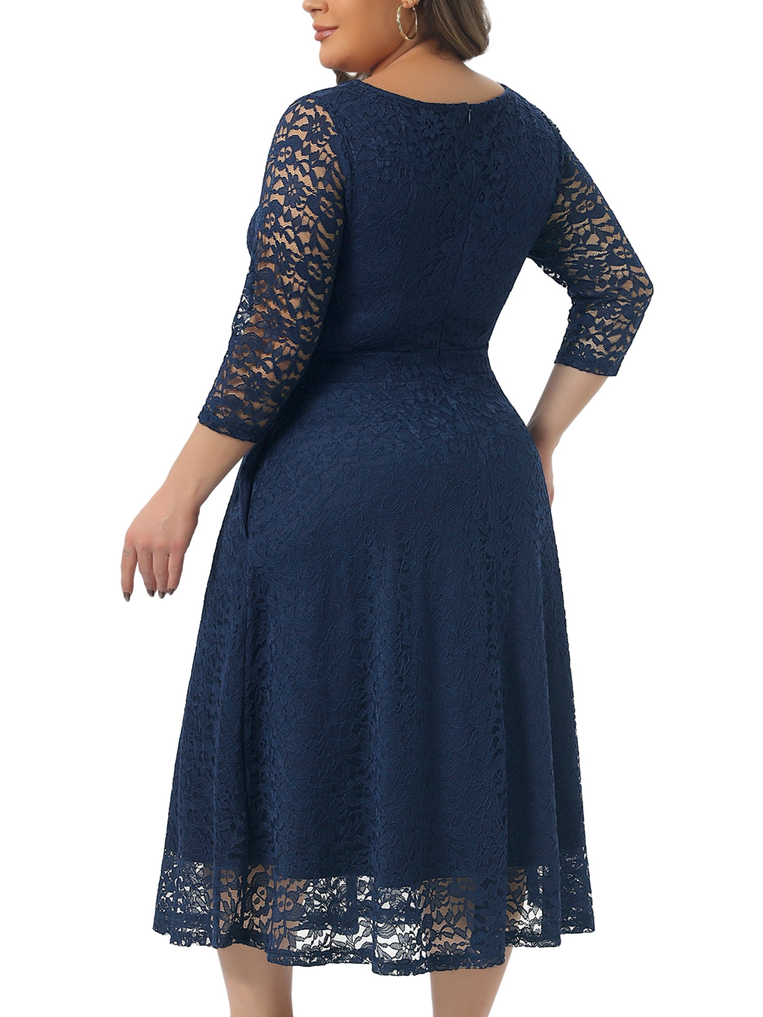 DARING DIVA Women's Plus Size Floral Lace 3/4 Sleeves Pocket Cocktail Dress 2X Navy Blue