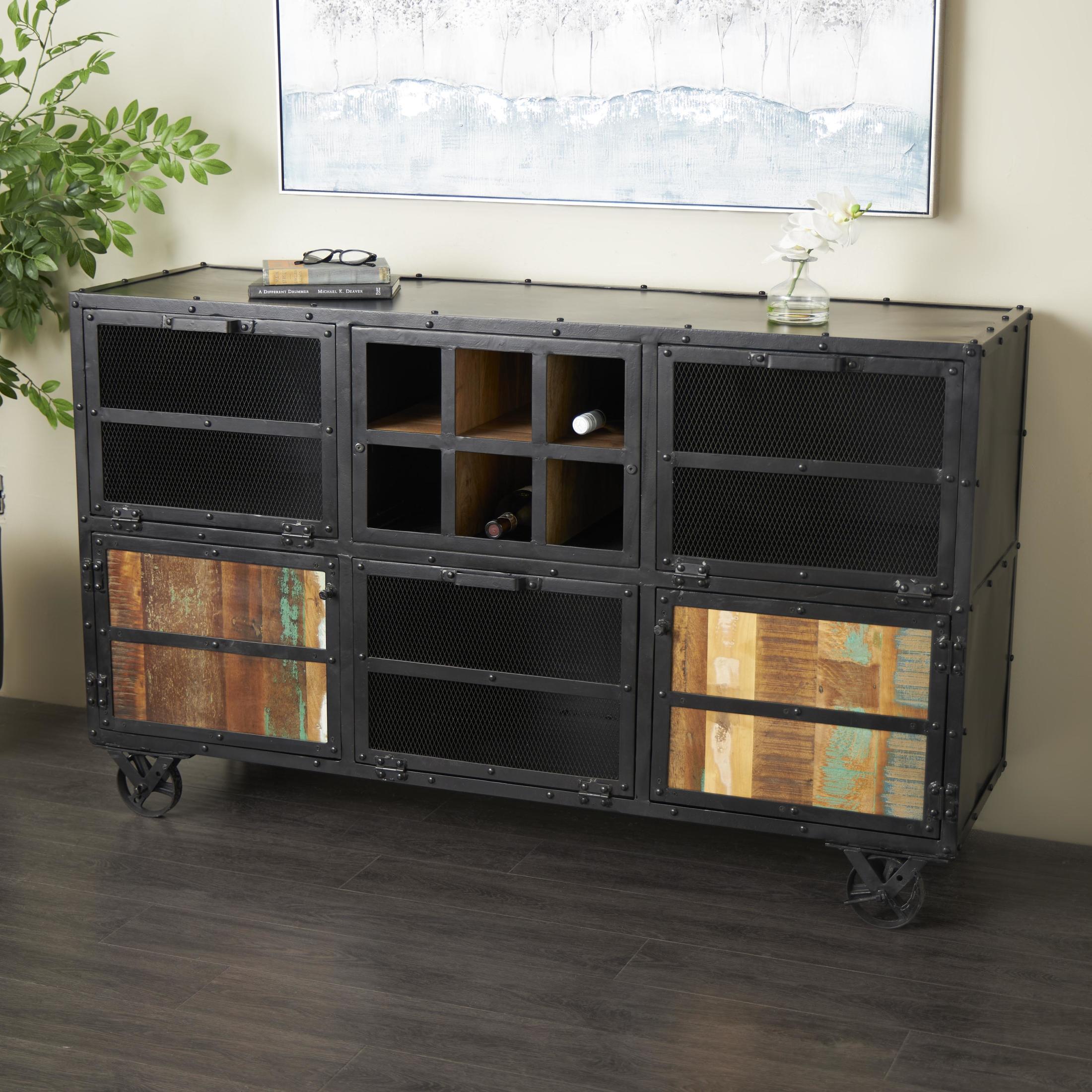DecMode 60" x 37" Black Metal 2 Door and 3 Shelf Cabinet with 4 Wheels, 1-Piece
