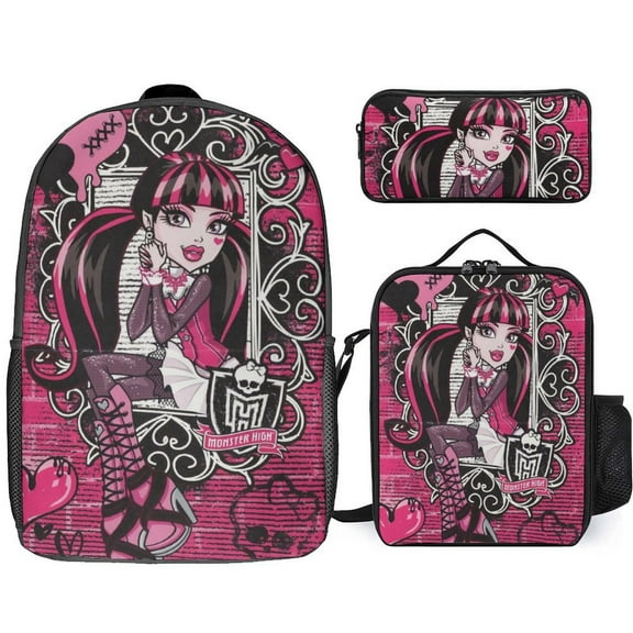 Monster High Backpack 3 Piece Set Anime Cartoon Laptop Bags for Unisex Fashion Daypack with Lunch box Pencil case Casual Travel