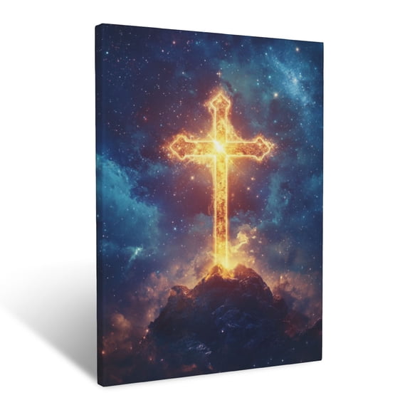 CozyNet Cross Glowing In Star Filled Sky Surrounded By Celestial Lights Of Eternal Faith Wall Art Prints With Frame Canvas Perfect for Living Room & Bedroom, Ready to Hang, Wall Decor 12"x16"