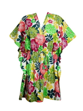 Mogul Women Green Floral Tunic Dress Cotton Kimono Sleeves Knee Length Comfy Loose Kaftan Beach Cover Up Short Caftan Dresses 3X