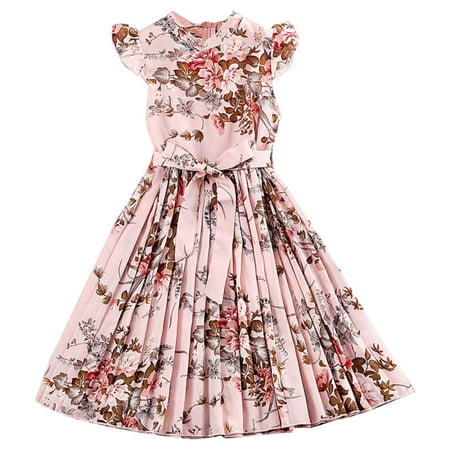 

Girl S Dress Casual Scoop Flower Print Neck Sleeveless Flowy Print Plain Sun Pleated Dress