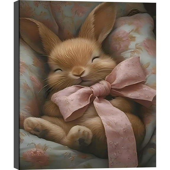 Aaheei Cute Rabbit With Bow Bunny Canvas Wall Art, Spring Easter Canvas Painting Pictures Wall Decor, Easter Themed Canvas Artwork for Nursery Girls Bedroom