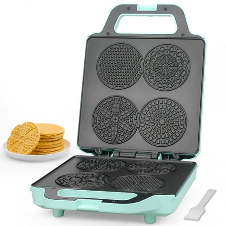 Mailand Multi Pizzelle Maker Electric, Stroopwafel Iron, 4 x 3.5'' Pizzelle Waffle Cookies Maker, Temperature Control, Thin Waffle Maker, Aqua