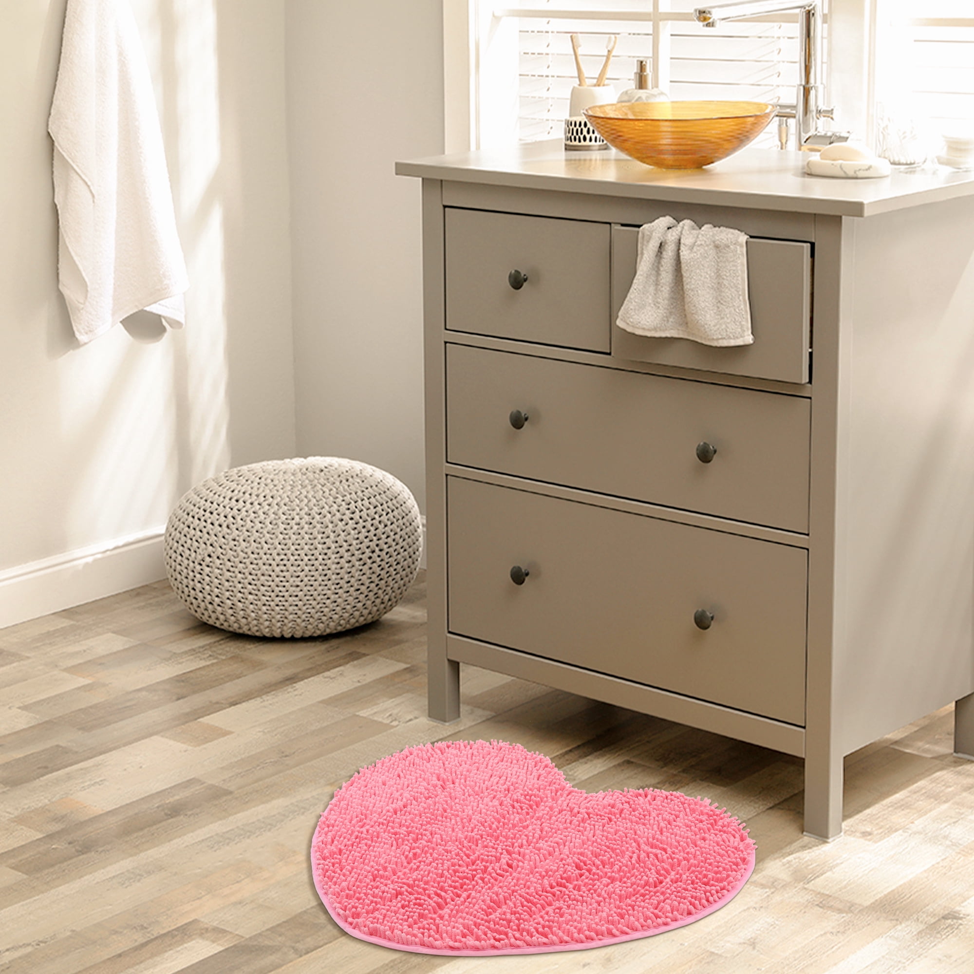 Unique Bargains Heart Shaped Chenille Bath Rugs Soft Shaggy Bath Mat Pink 28" x 32"