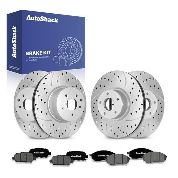 AutoShack Front & Rear Drilled & Slotted Brake Rotors Premium Ceramic Brake Pads | Replacement for 2011 Nissan Murano 3.5L V6 AWD FWD | Silver Zinc Coated | 12-PC Brake Kit | SilverShield Pro