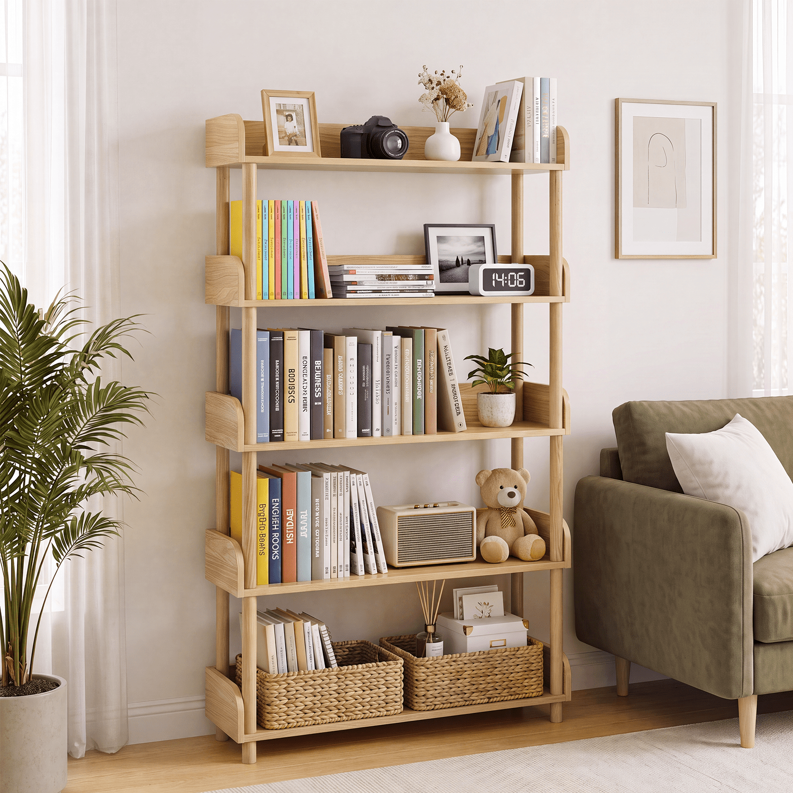 5-Tier Wood Bookshelf Freestanding Bookshelf with Open Storage Shelves & Solid Wood Legs Modern Display Bookshelf for Home Office Living Room Bedroom (wood)