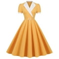 thumbnail image 2 of Wycnly Womens Dresses Empire Waist Flowy Pleated Swing A Line Vintage 1950S Graduation Dresses Summer Color Block V-Neck Short Sleeve Formal Midi Dress Yellow XXL, 2 of 7