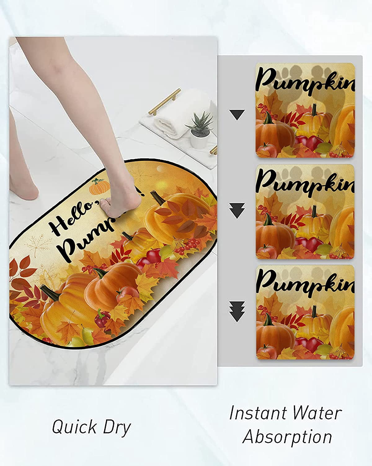Hello Pumpkin Funny Diatomaceous Earth Bath Mat - Fall Rubber Non Slip Quick Dry Super Absorbent Washable Bathroom Rugs Doormat Fit Under Door（Oval,31.5×20 inch）