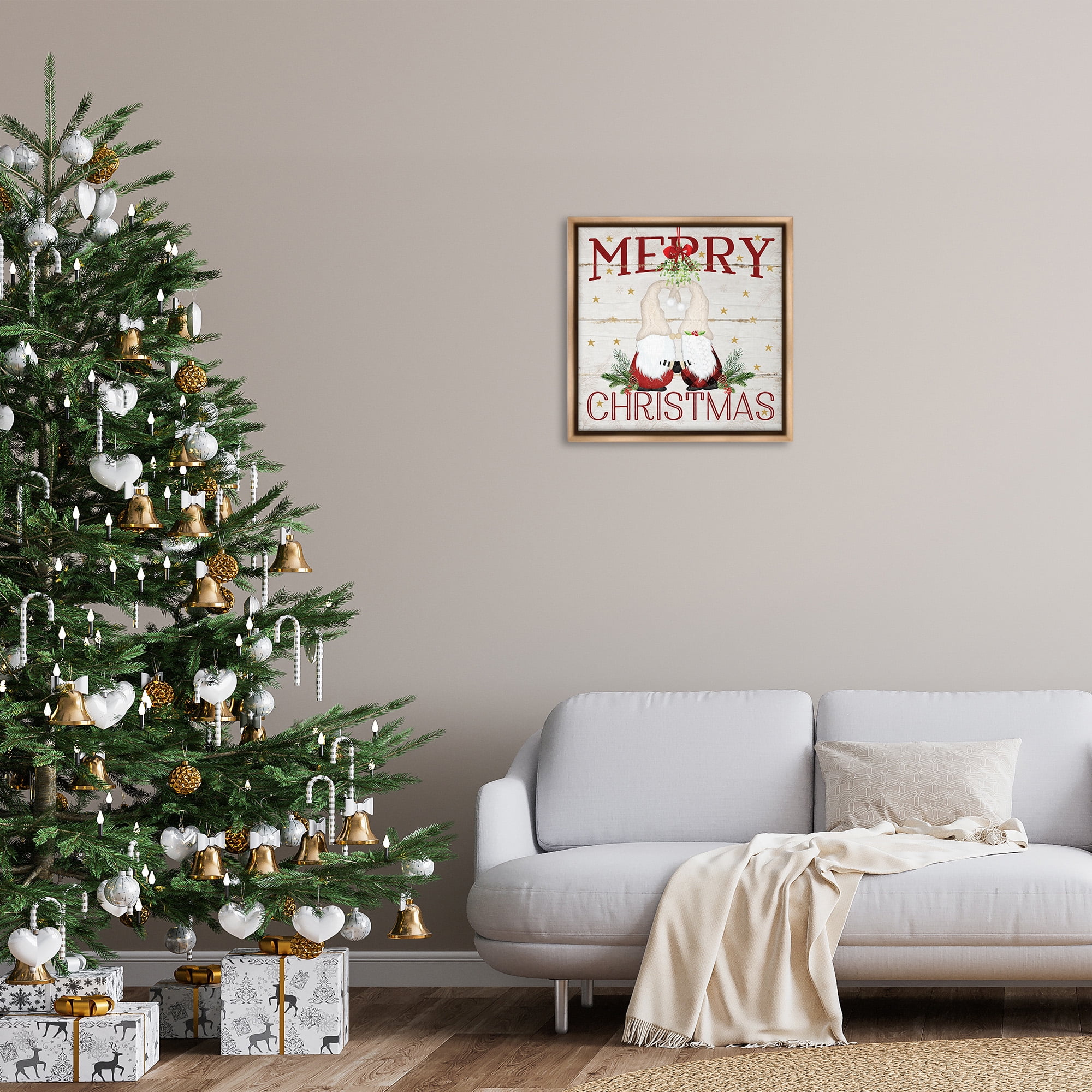 Stupell Industries Holiday Gnomes Under Mistletoe Holiday Painting Brown Floater Framed Canvas Art Print Wall Art, 25 x 25