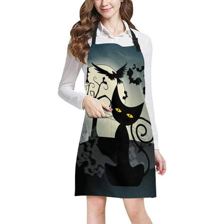 

ASHLEIGH Cute Halloween Full Moon Bats and Black Cat Chef Aprons Professional Kitchen Chef Bib Apron with Pockets Adjustable Neck Strap