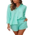thumbnail image 3 of Femmes 2Piece Casual Outfit Set Coton Lin Bouton Chemise Taille Haute Mini Shorts Set Loungewear, 3 of 6