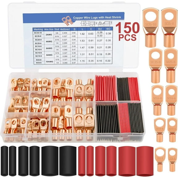 Fixdono 150pcs Battery Cable Ends, Copper Wire Lugs Assortment Kit for Marine Electrical Supplies