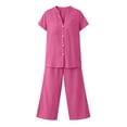 thumbnail image 4 of Women’s 2 Piece Outfit Set Button Short Sleeve Shirt and Drawstring Waist Cropped Wide Leg Capri Pants with Pockets, Light Weight for Daily‑Wear, Vacation and Shopping S-5XL Hot Pink, 4 of 6