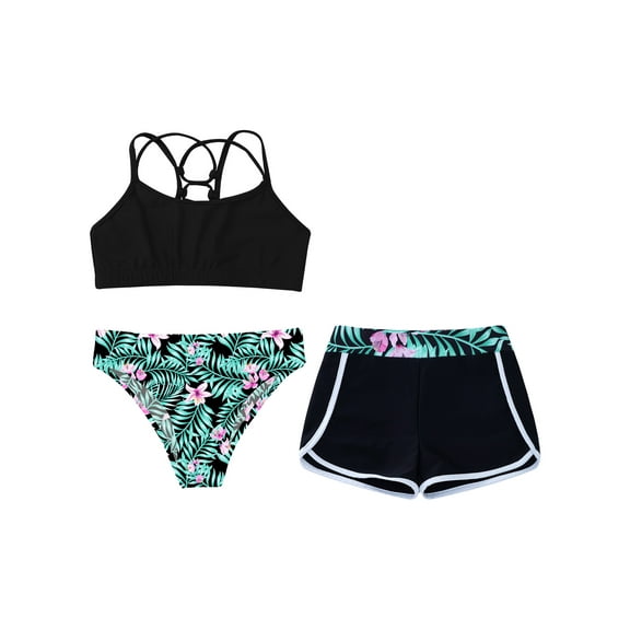 Alvivi Kids Girls 3 Pcs Athletic Tankini Bikini Top with Brief Swim Boardshorts Swimsuit Bathing Suit Lily 14