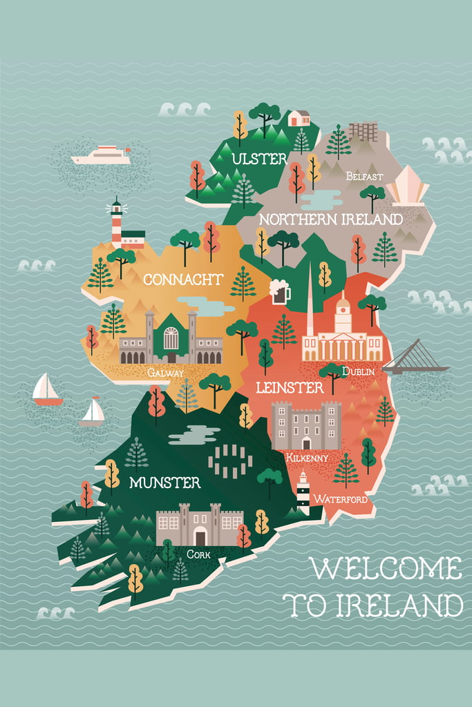 Ireland Map Landmarks Cities Travel Illustration Poster 12x18 inch 