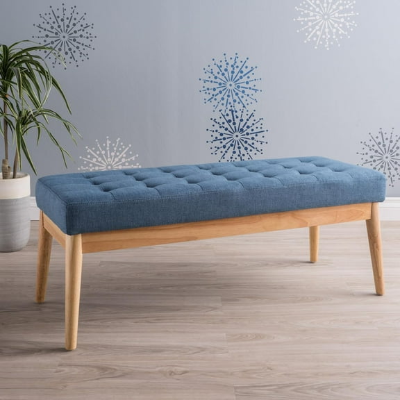 PetFurnishn Upholstered Long Bench Fabric Button-Tufted Bedroom Bench with Birch Wood Legs Mid-Century Modern Entryway Window Bench with Padded Seat, Blue