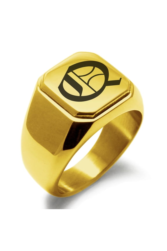 Stainless Steel Letter Q Initial Old English Monogram Engraved Engraved Square Flat Top Biker Style Polished Signet Ring