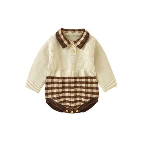 

Infant Romper Plaid Turn-Down Collar Long Sleeve Knitted Jumpsuits