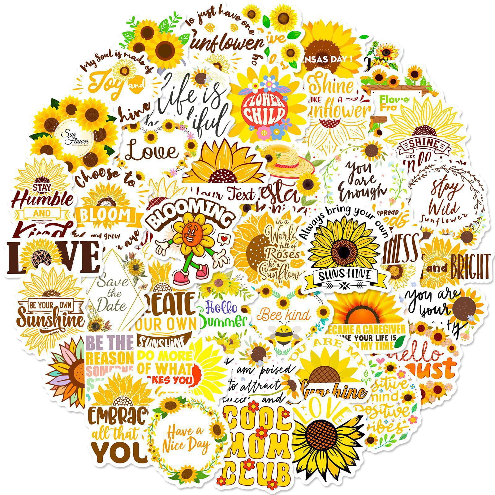 50-Pack Sunflower English Word Stickers - Fresh Ins-Style Cartoon Sunflower Decals for Phones, Laptops, and DIY Projects