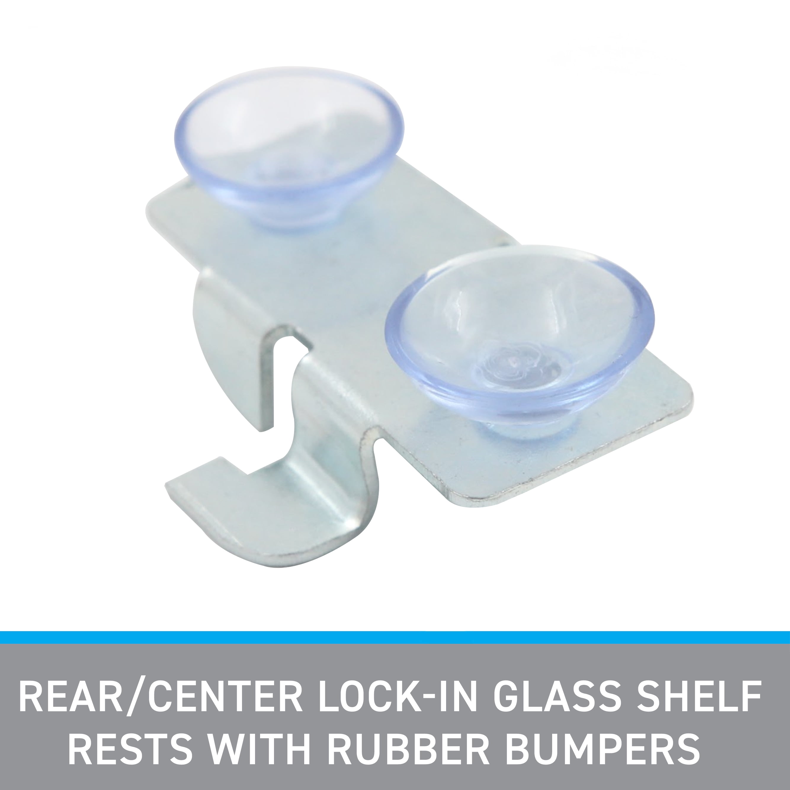 SSWBasics Rear/Center Lock-In Glass Shelf Rests with Rubber Bumpers - Pack of 8 - Glass Shelf Brackets  - Chrome Glass Shelf Clips with Two Clear Bumpers for Secure Glass Shelf Rest