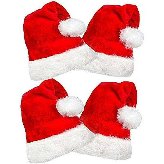 4 Pack Plush Santa Hats, Christmas Santa Hats for Christmas Party, Adult size Xmas Holiday Hat for Unisex Kids Party Supplies