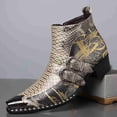 thumbnail image 2 of Men's Python Print Double Buckle Chelsea Boots - Vintage Pointed Toe Ankle Boots with Side Zipper, Comfortable Low Heel, 2 of 6