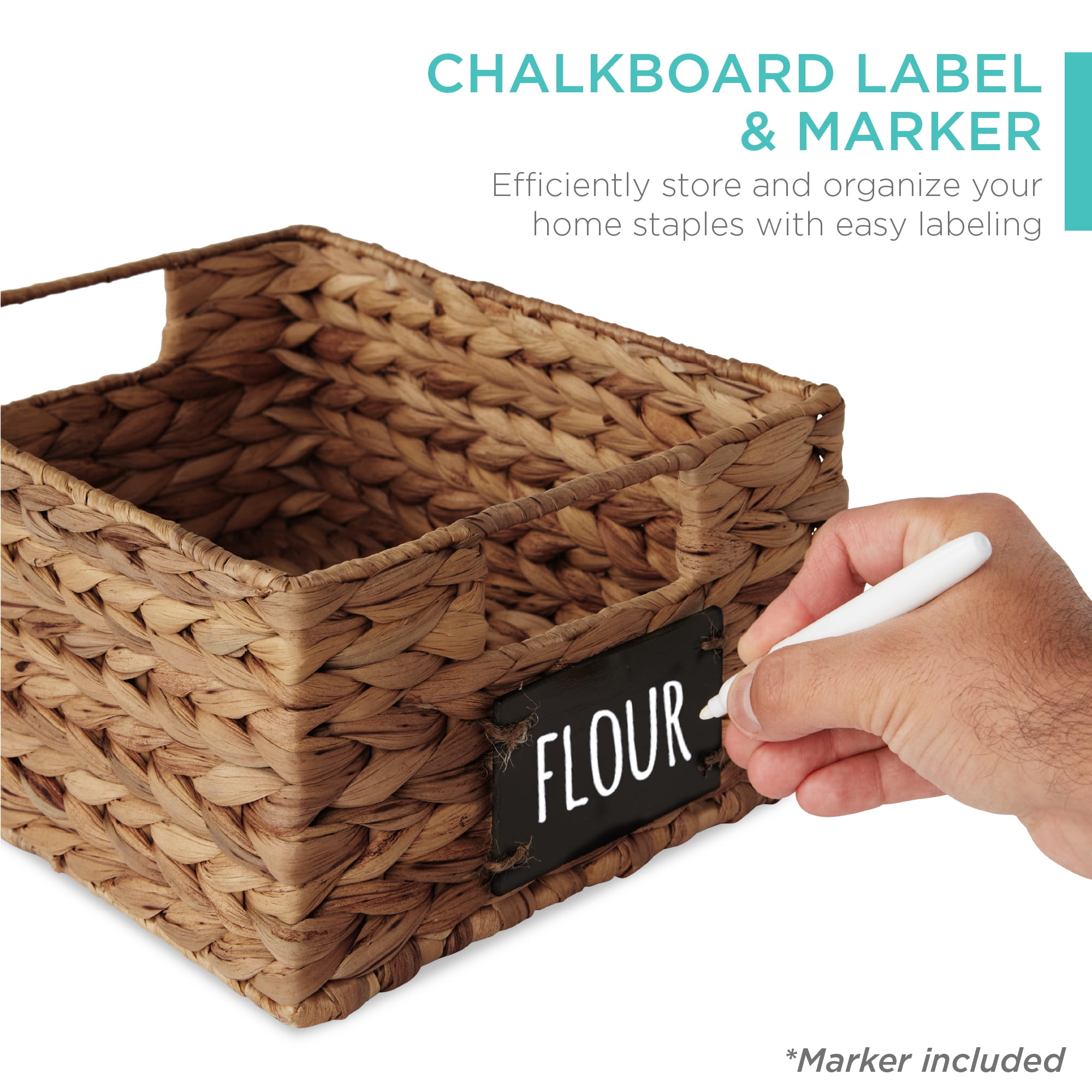 Best Choice Products Set of 4 12in Woven Water Hyacinth Pantry Baskets w/ Chalkboard Label, Chalk Marker - Chestnut