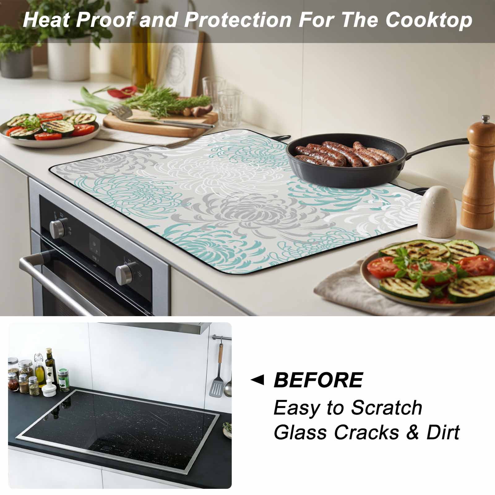 Aqua White Stove Top Cover for Electric Stove, Heat-proof & Non Slip Glass Top Stove Cover Protector, Abstract Grey Chrysanthemum Flower Floral Kitchen Flat Cooktop Rubber Mat 31x24 Inches