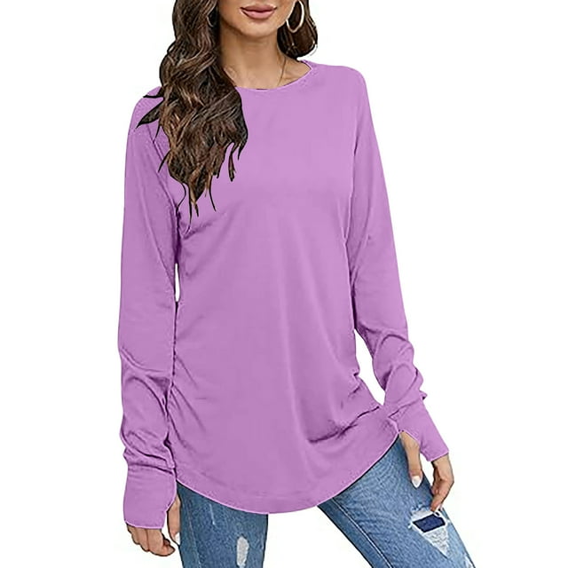 Besolor Womens Fall Spring Tunic Tops Trendy Crewneck Long Sleeve Shirts Casual Loose Going out Blouse with Thumb Hole