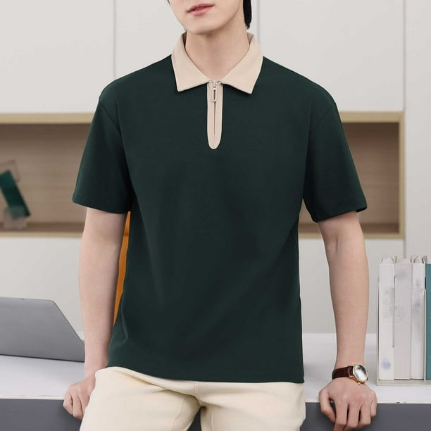 pstuiky Mangas cortas para hombre, Camisa de manga corta con cuello vuelto y cremallera informal de color liso para hombre camisetas de hombre m