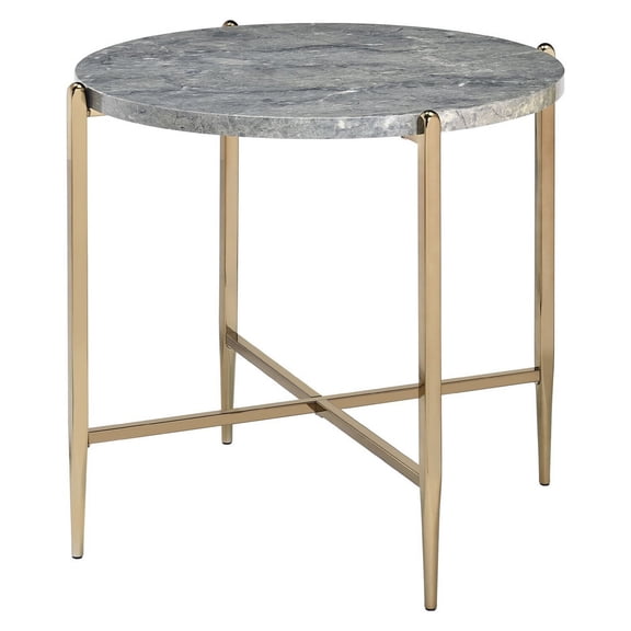 Benjara End Table with Oval Marble Top and X Shaped Support- Gray and Gold