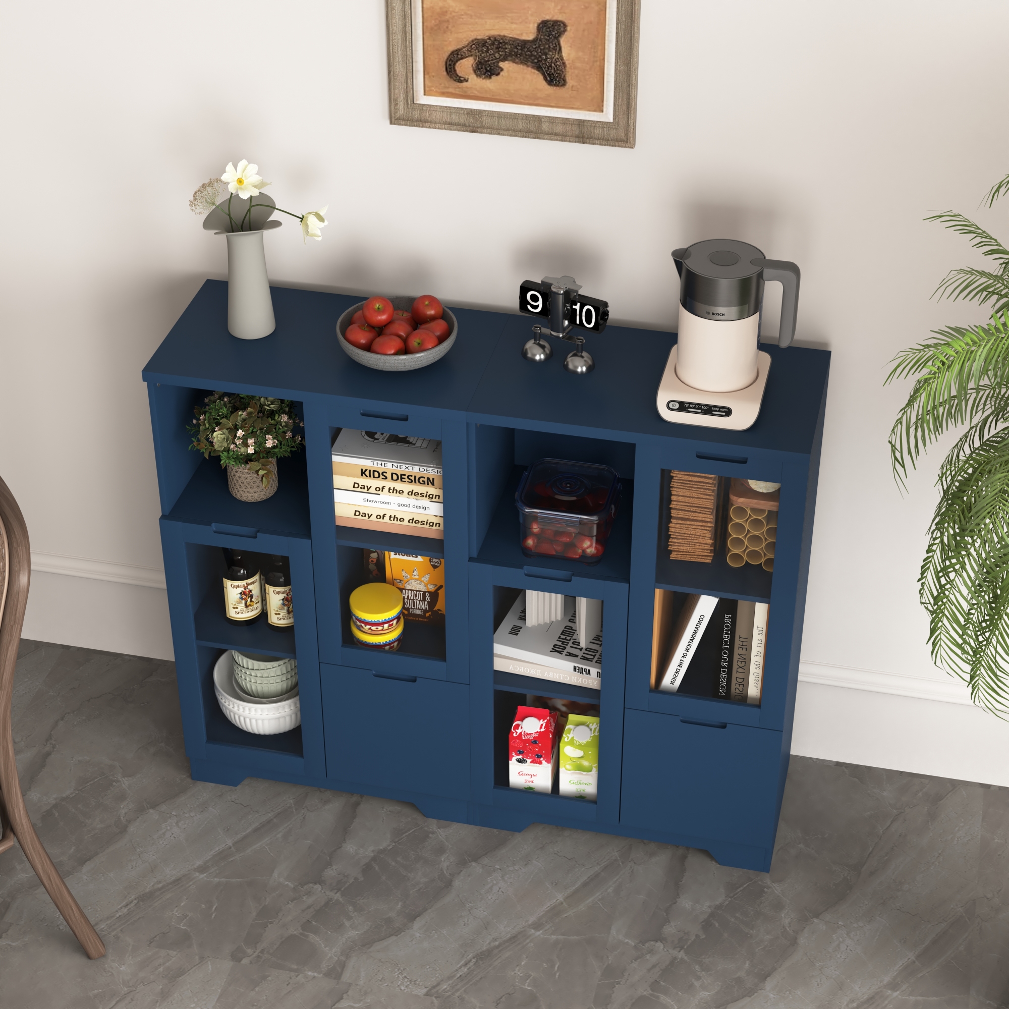 Leumius Sideboard Cabinet with Storage,Buffet Cabinet with Glass Doors & Drawer,Open Storage Cabinet for Living room,Blue