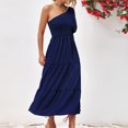thumbnail image 7 of Edvintorg Women's 2025 Solid Summer Dress One Shoulder Sundresses Short Sleeve Casual Ruffle Party Beach A-Line Dresses Maxi Dresses for Women Blue S, 7 of 7